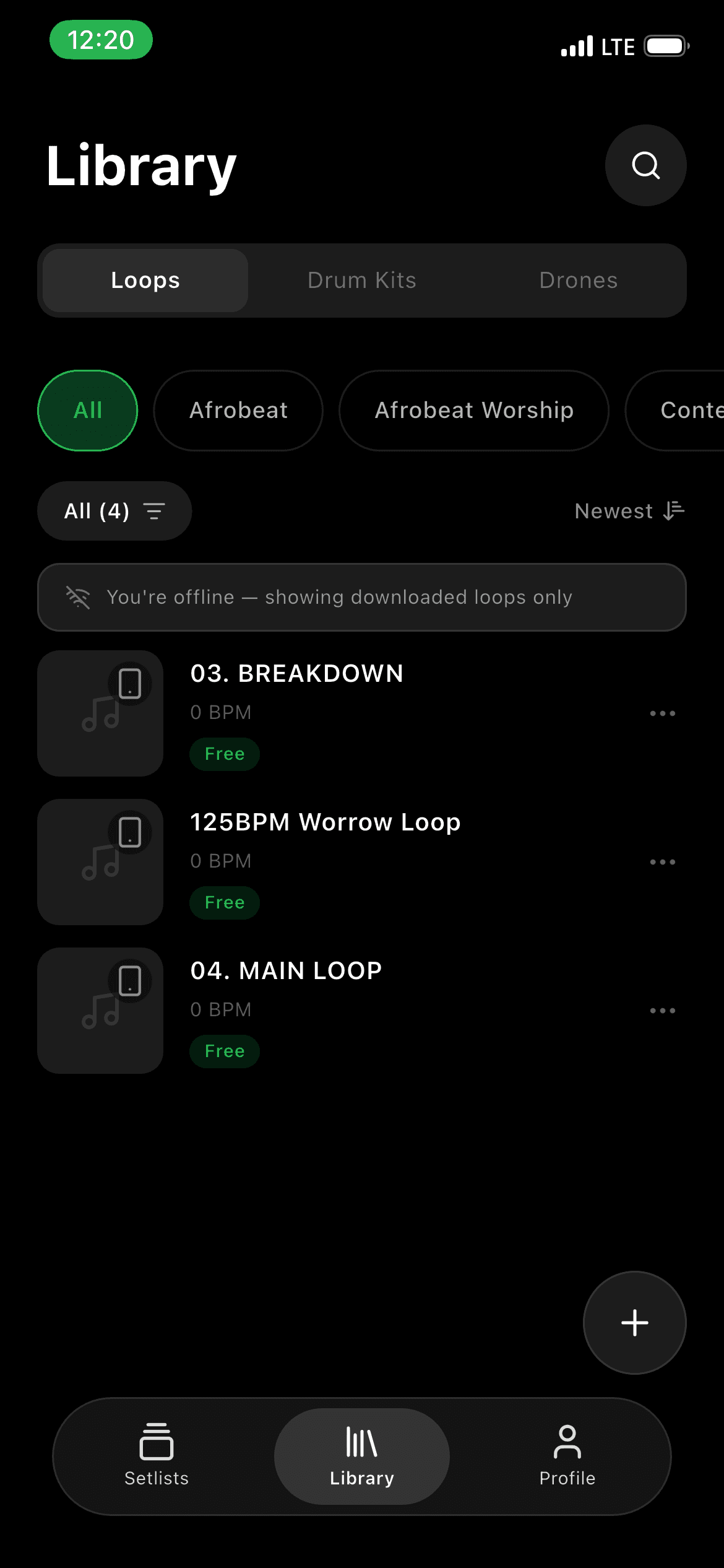 Kiɗa library showing downloaded loops while offline